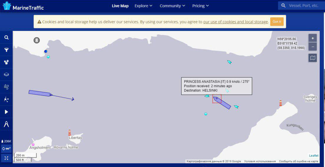 Marinetraffic. MARINETRAFFIC на русском. Паром Princess Anastasia на мели. Интерфейс сайта для просмотра местоположения судов.